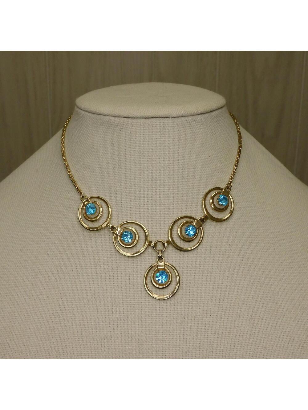 Vintage Gold Filled Circle Blue Stone Necklace